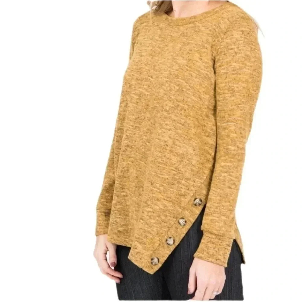 Agnes & Dora Unique Side Button Detail Sweater Mustard Yellow Round Neck NWT